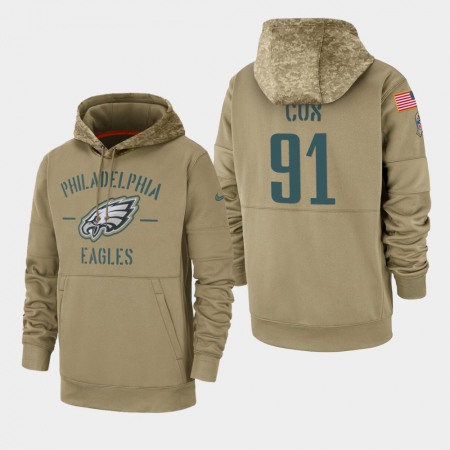 Men's Philadelphia Eagles #91 Fletcher Cox Tan 2019 Salute to Service Sideline Therma Pullover Hoodie