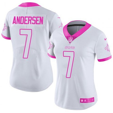 Saints #7 Morten Andersen White/Pink Women's Stitched NFL Limited Rush Fashion Jersey