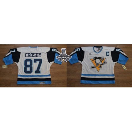 Penguins #87 Sidney Crosby White/Blue CCM Throwback 2016 Stanley Cup Champions Stitched NHL Jersey